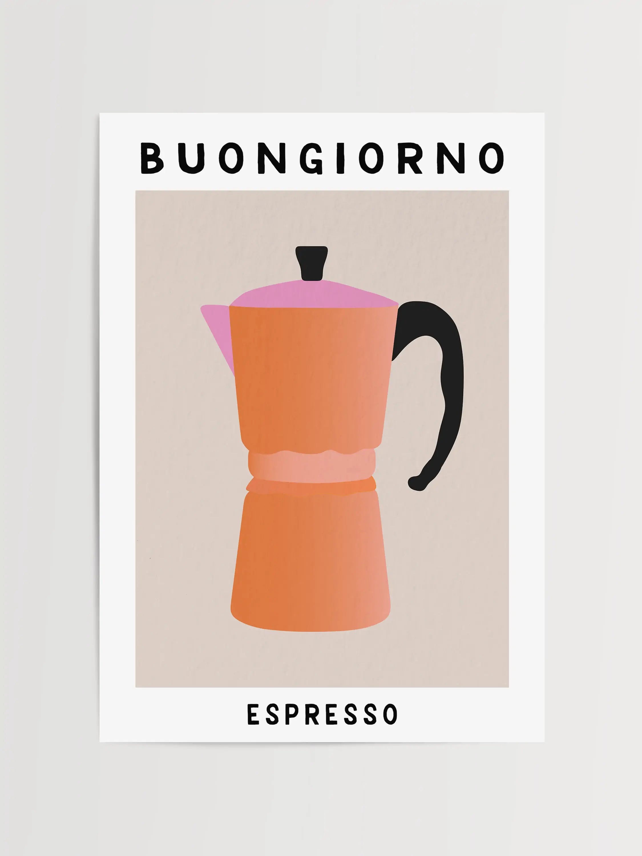 Bej arka plan üzerine turuncu moka pot illüstrasyonu, üst kısmında 'Buongiorno' ve altında 'Espresso' yazılı kahve temalı poster.