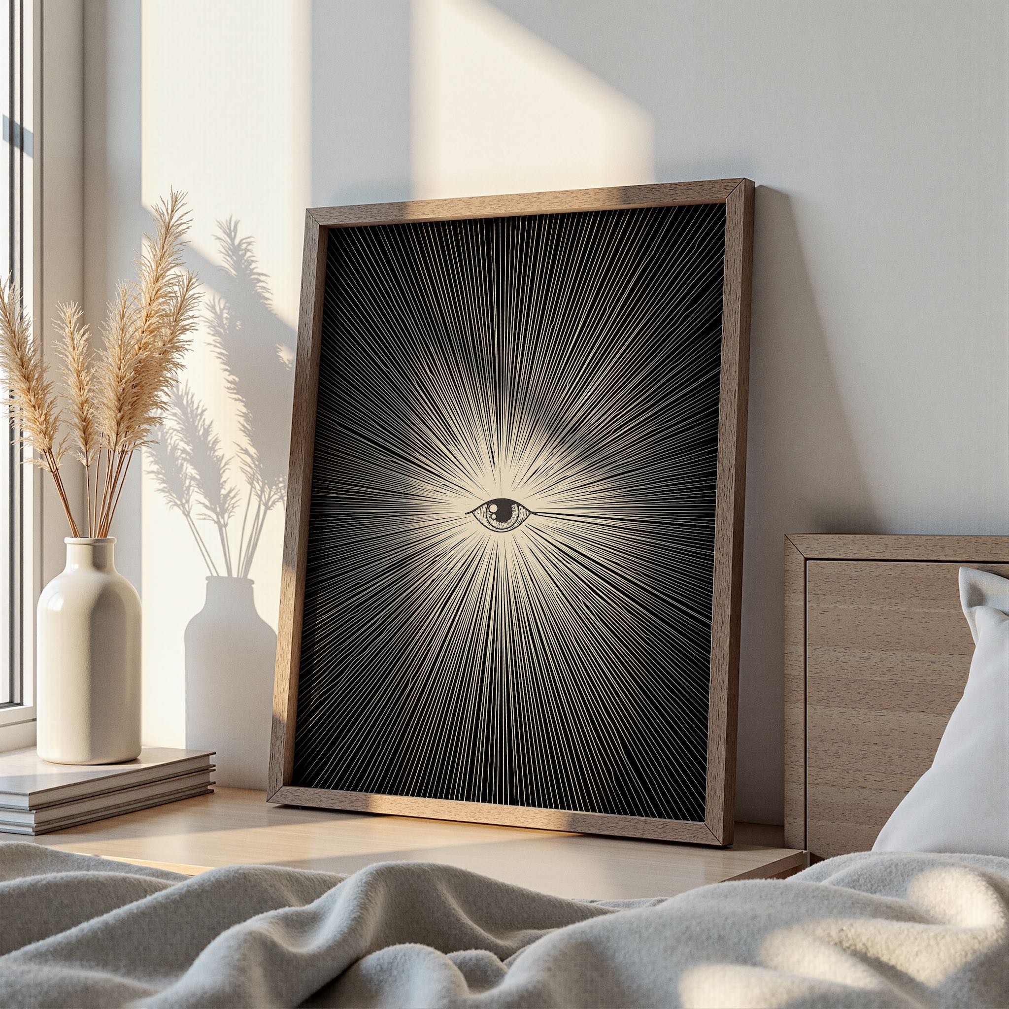 Spiritüel ve ezoterik bir tasarım taşıyan, ışık hüzmeleriyle vurgulanmış göz figürü içeren dekoratif poster