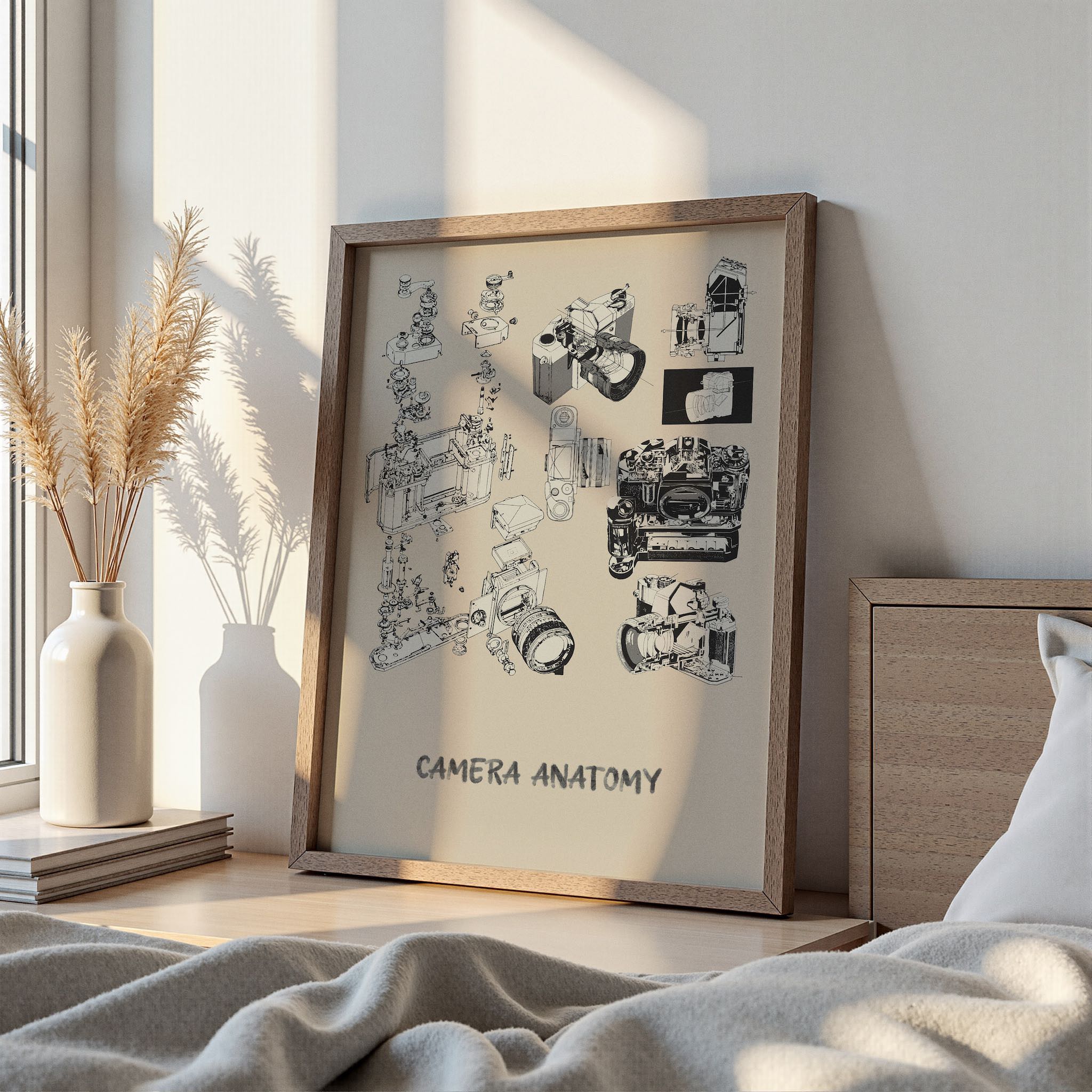 Fotoğraf makinesi bileşenlerinin ayrıntılı teknik illüstrasyonu, mühendislik ve fotoğrafçılık temalı dekoratif bir poster olarak sunuluyor