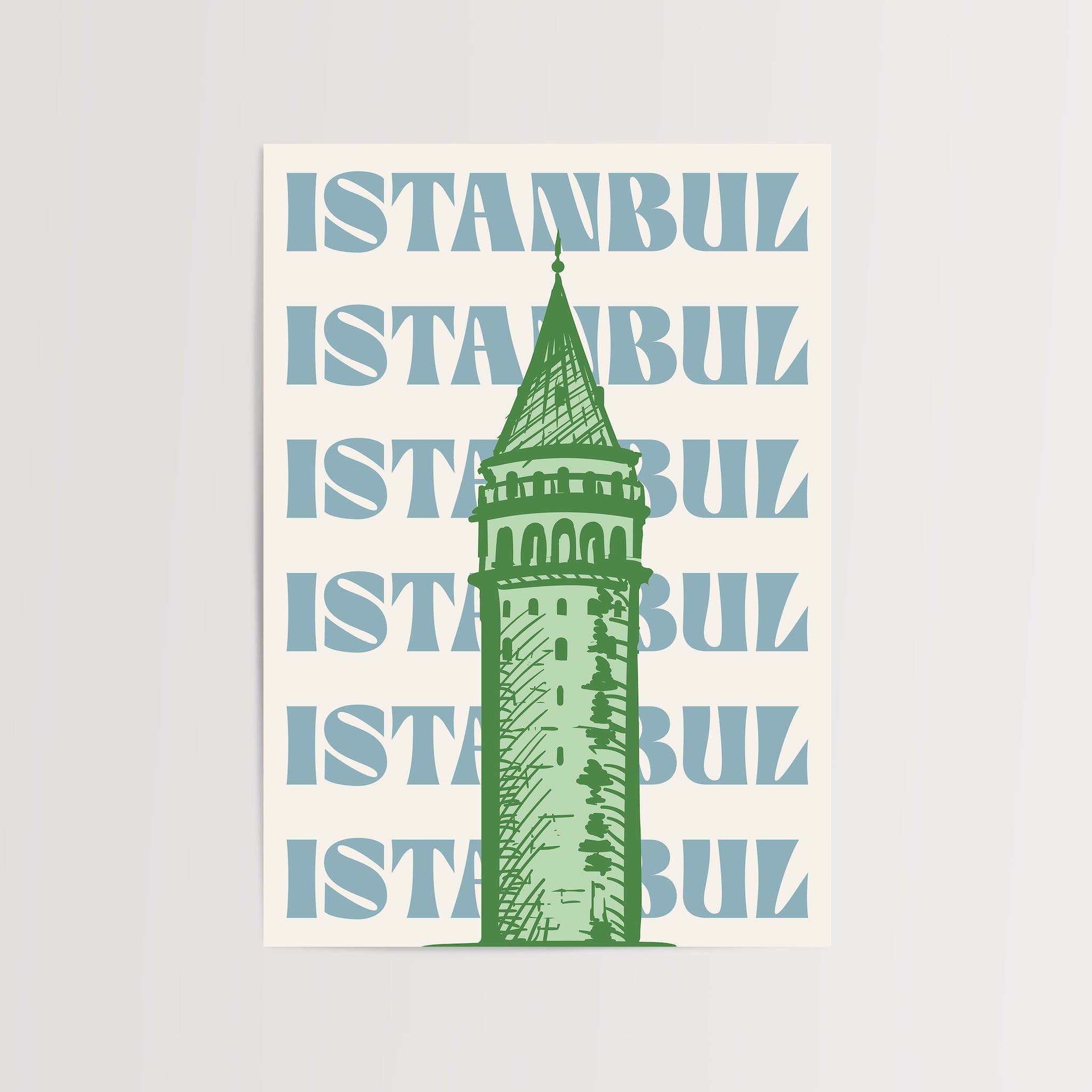 Modern illüstrasyon tarzında Galata Kulesi posteri. Arka planda İstanbul yazısı bulunuyor.