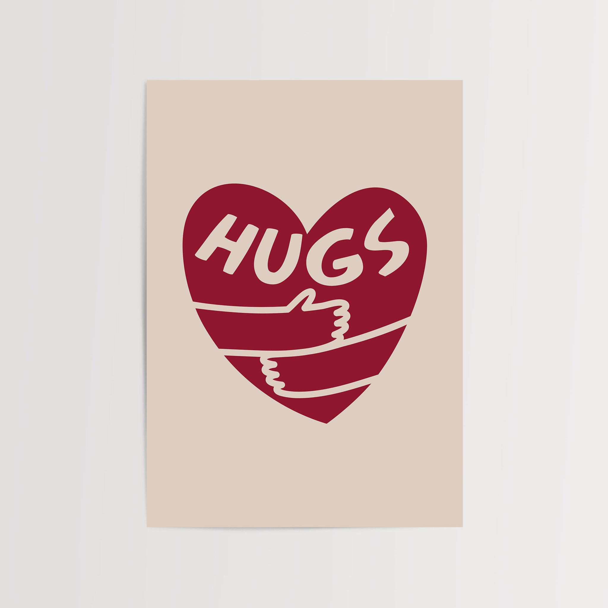 "Hugs" yazılı kırmızı kalp tasarımlı poster