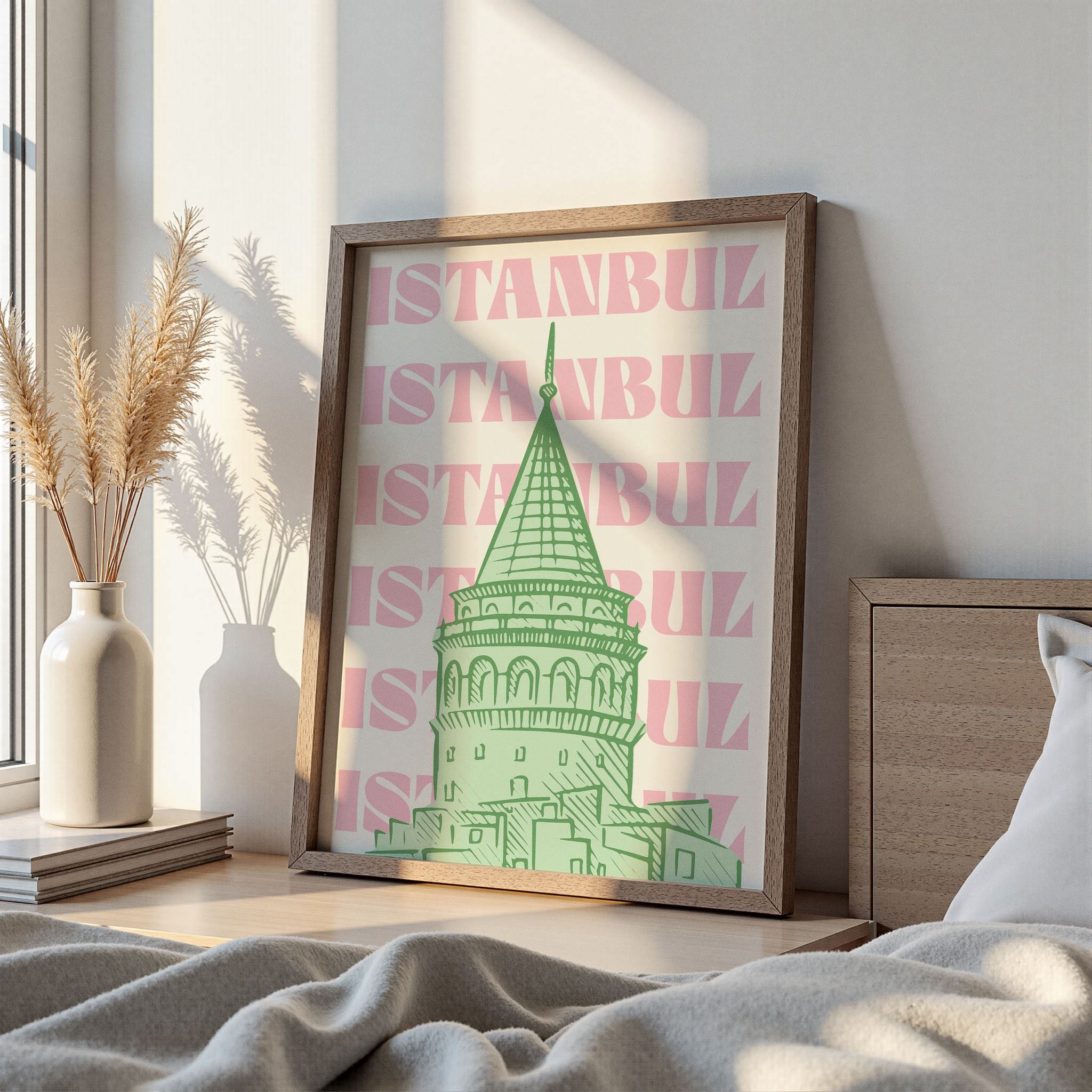 Yeşil tonlarda çizilmiş Galata Kulesi illüstrasyonu, modern bir şehir posteri olarak sunuluyor