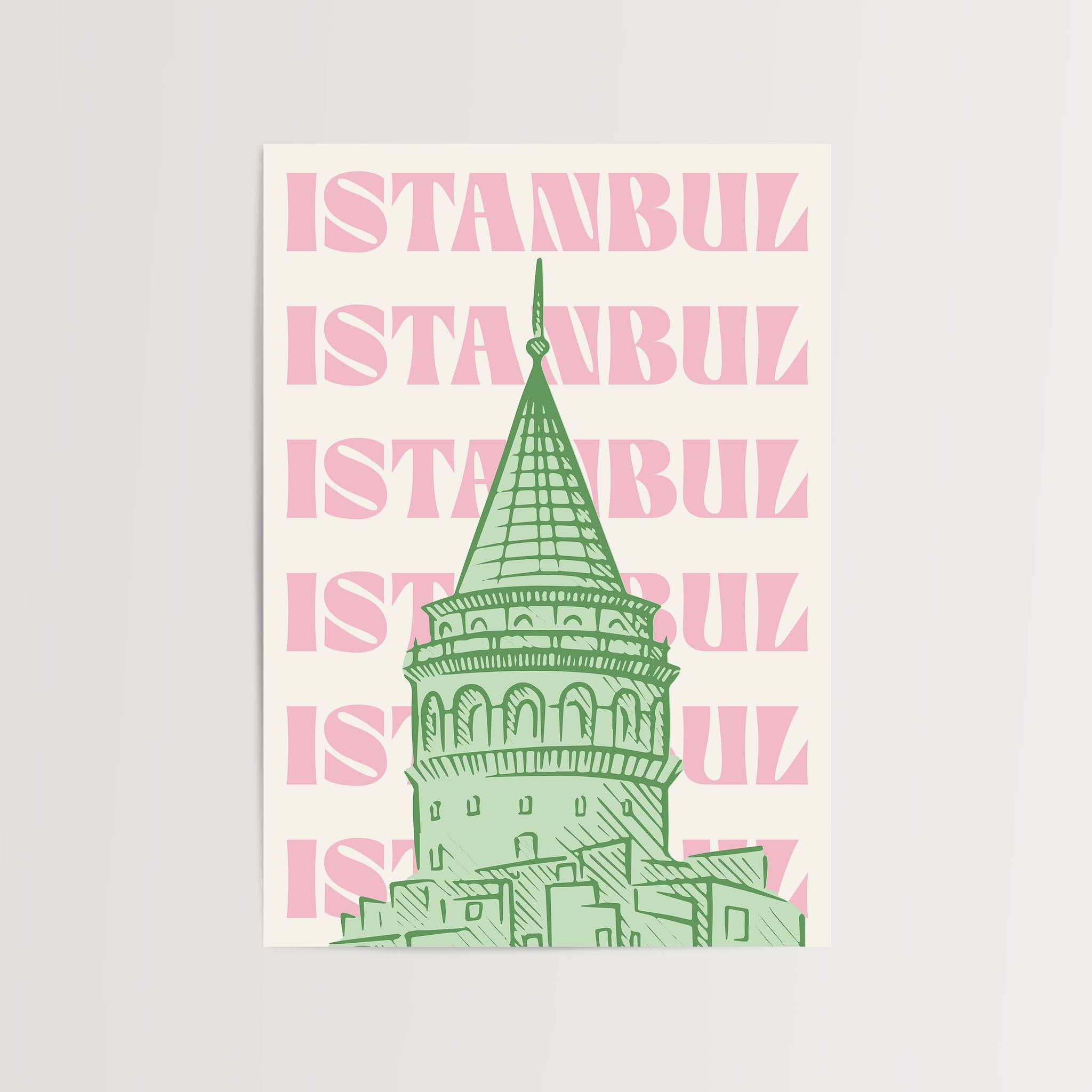 İstanbul’un simgelerinden Galata Kulesi’nin sanatsal yorumu, pastel tonlarda şık bir dekoratif poster olarak tasarlanmış