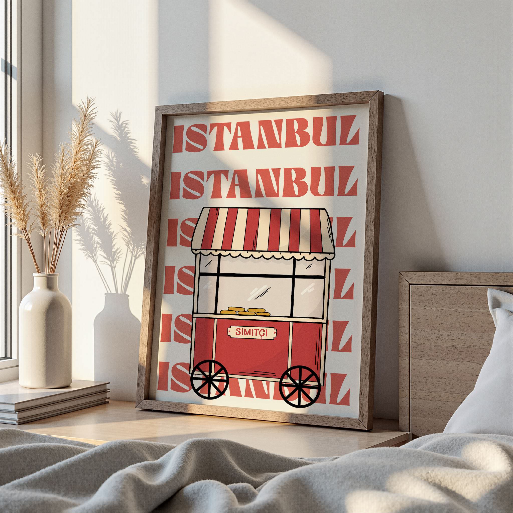 İstanbul sokak lezzetlerinden simit arabasının illüstratif çizimi, sanatsal bir poster olarak tasarlandı