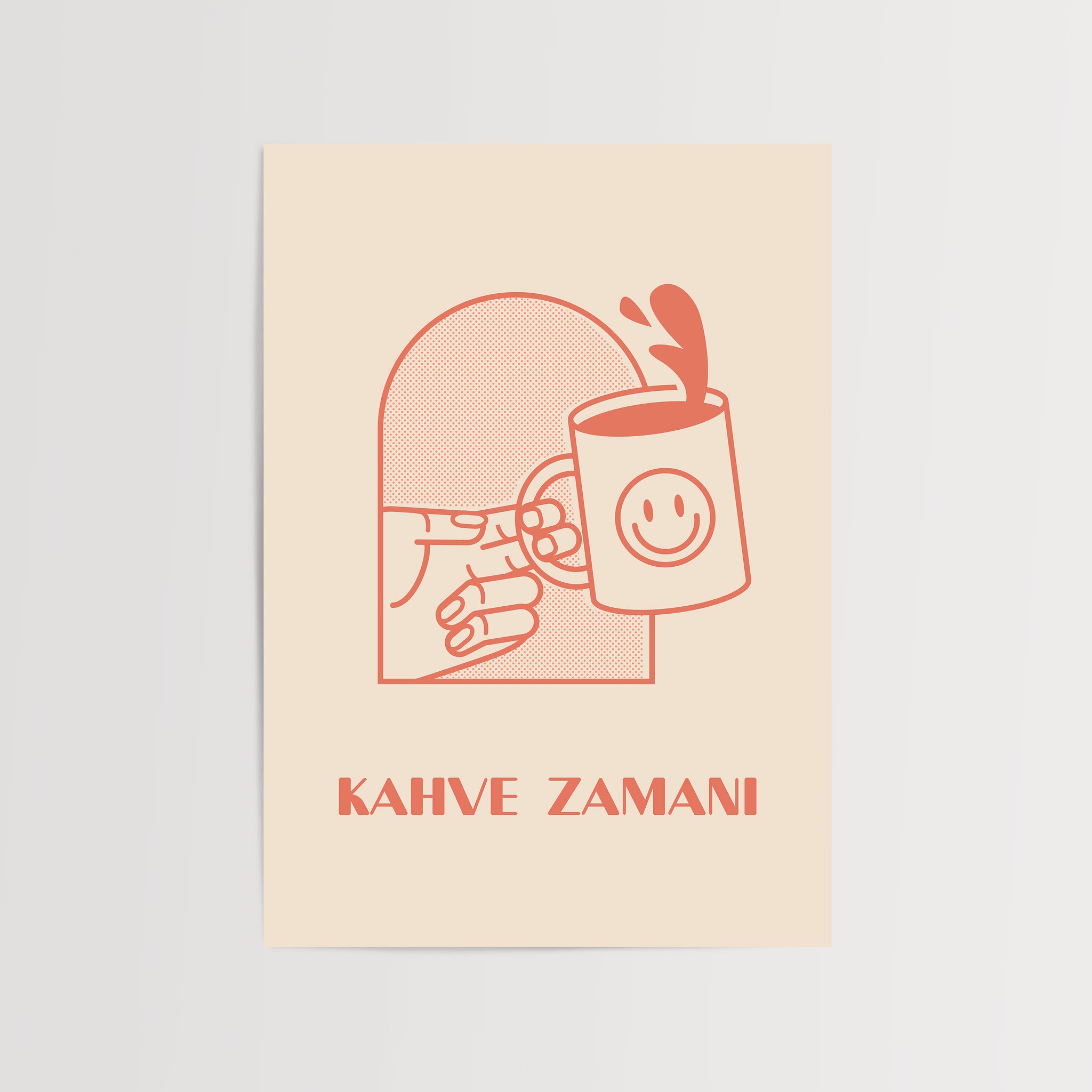 Gülen yüzlü kahve fincanı ve 'Kahve Zamanı' yazısı içeren minimalist poster