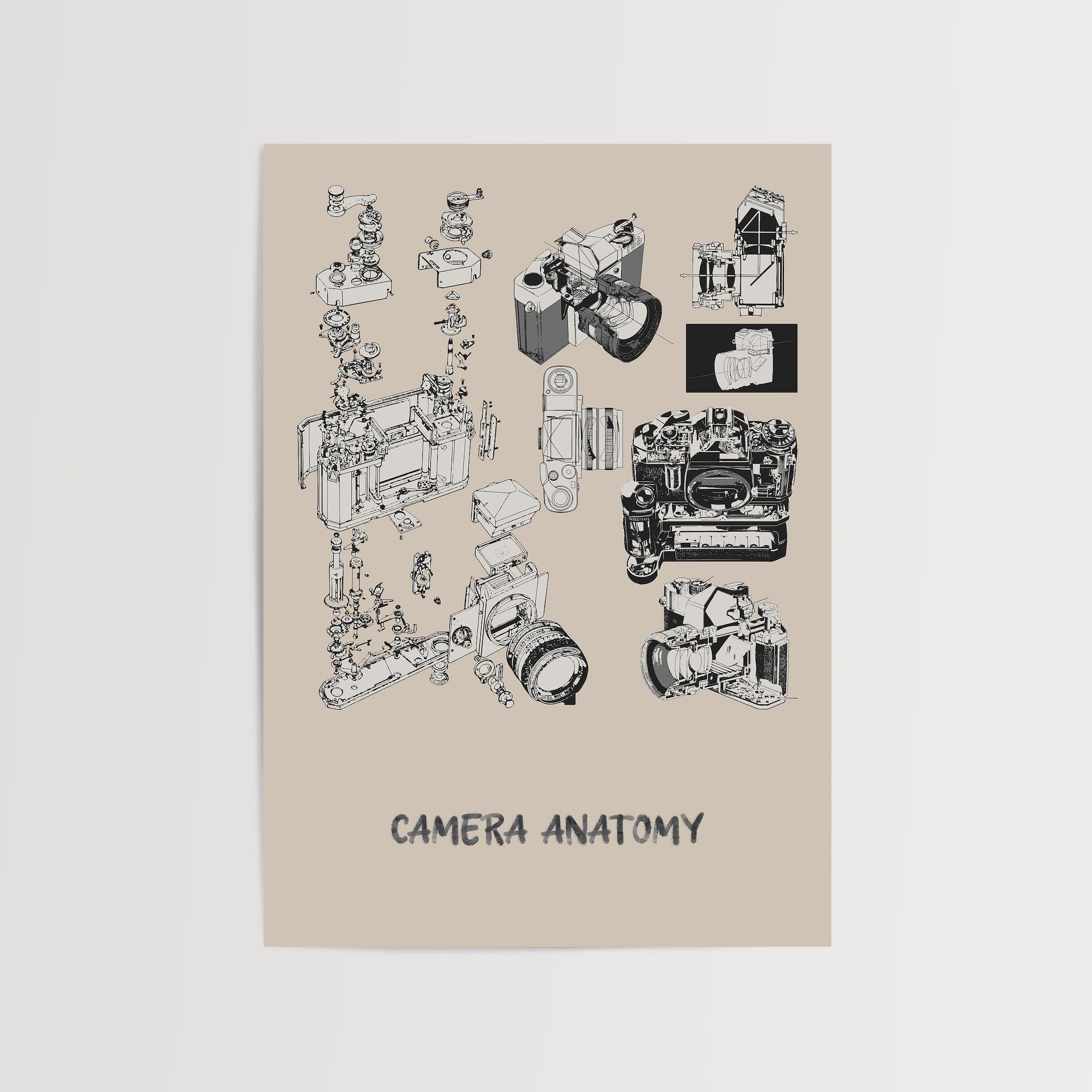 Teknik çizimlerle detaylandırılmış fotoğraf makinesi anatomisi posteri, ahşap dolap önünde çerçeveli şekilde sergileniyor