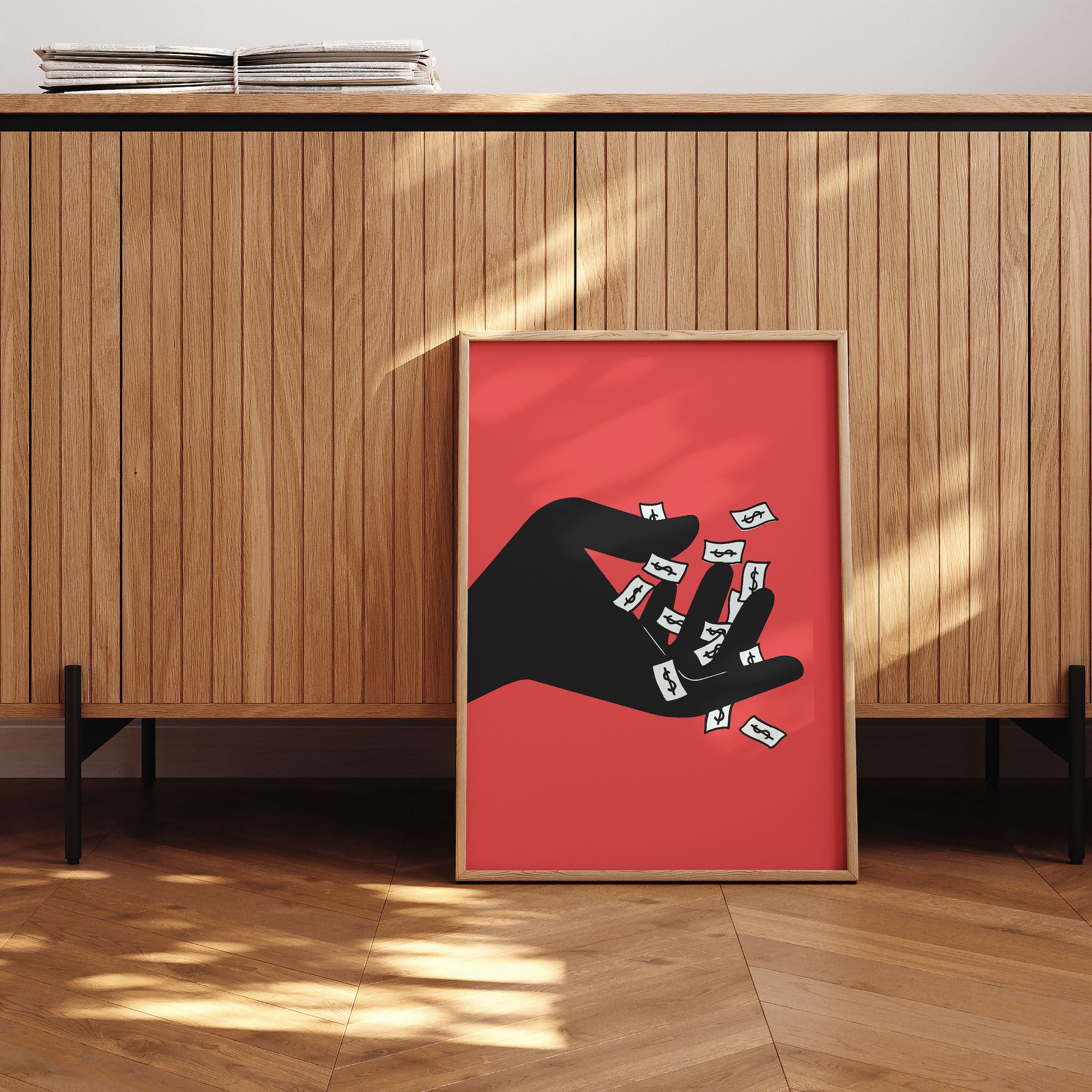 Kapitalizm, para ve ekonomi temalı soyut el illüstrasyonu posteri, modern bir iç mekanda çerçeveli olarak sergilenmiş