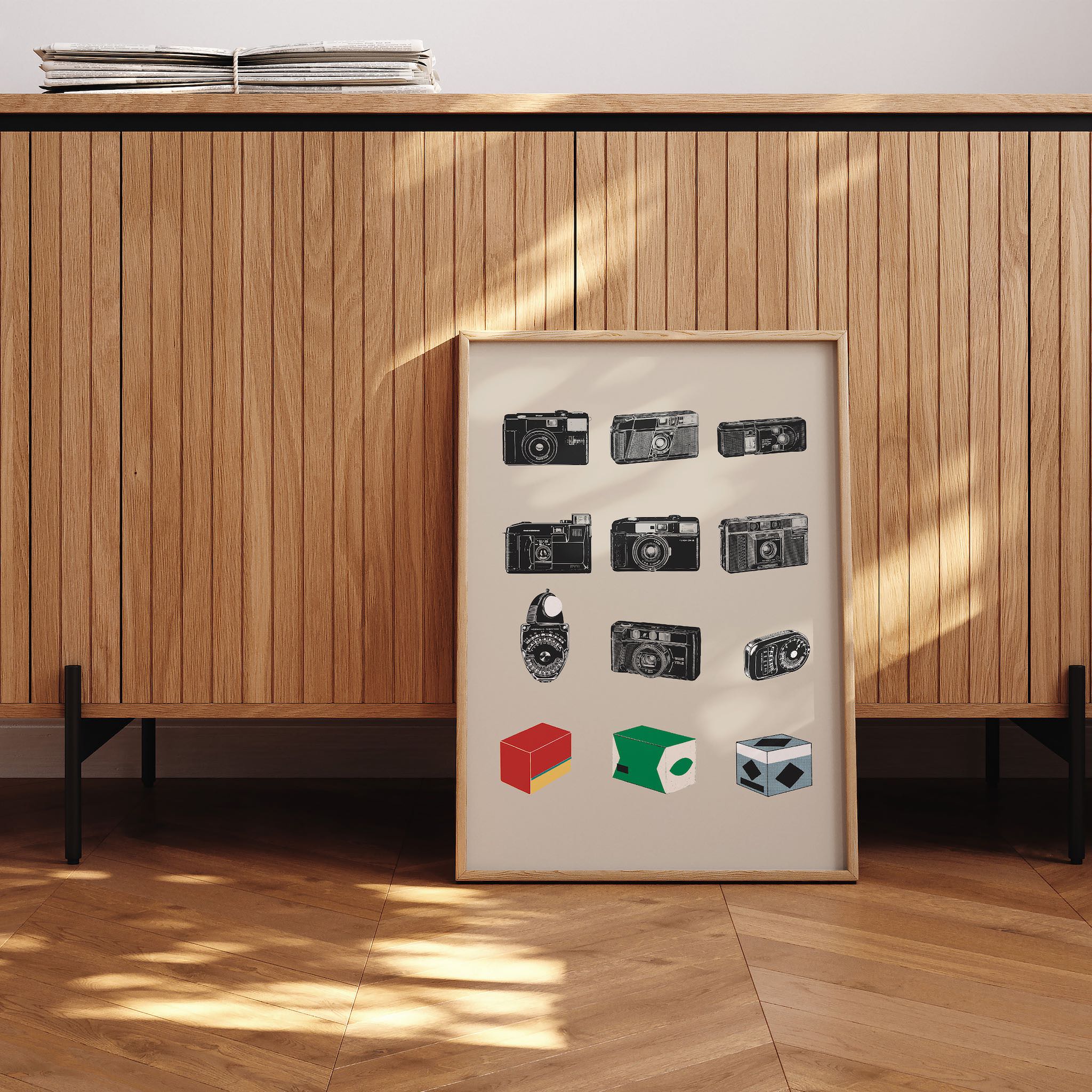 Eski film kameralarının nostaljik illüstrasyonları ve modern geometrik şekillerle tasarlanmış minimalist fotoğrafçılık posteri