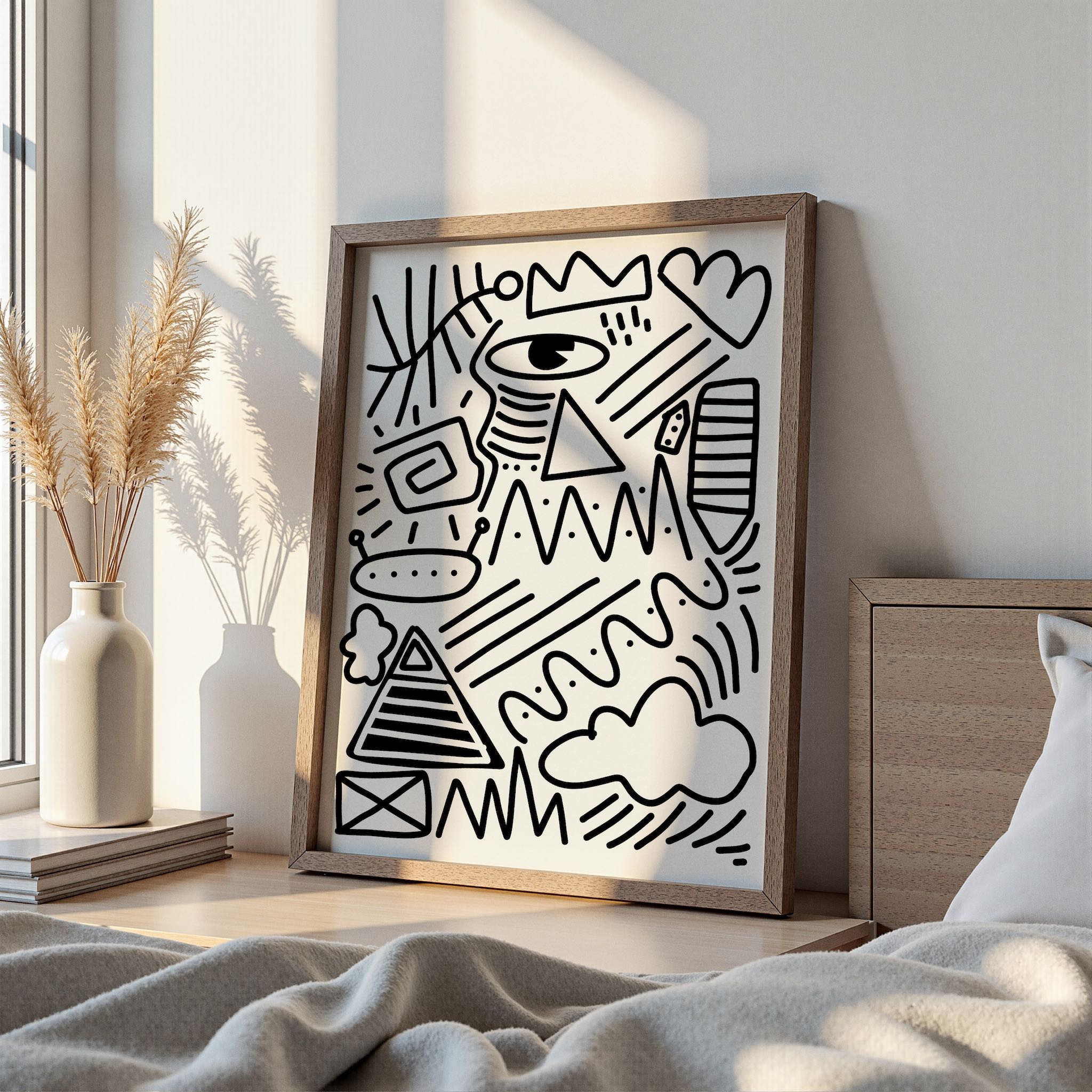 Minimalist ve eğlenceli doodle tarzında siyah-beyaz illüstrasyon, yaratıcı dekorasyon için tasarlanmış bir poster.