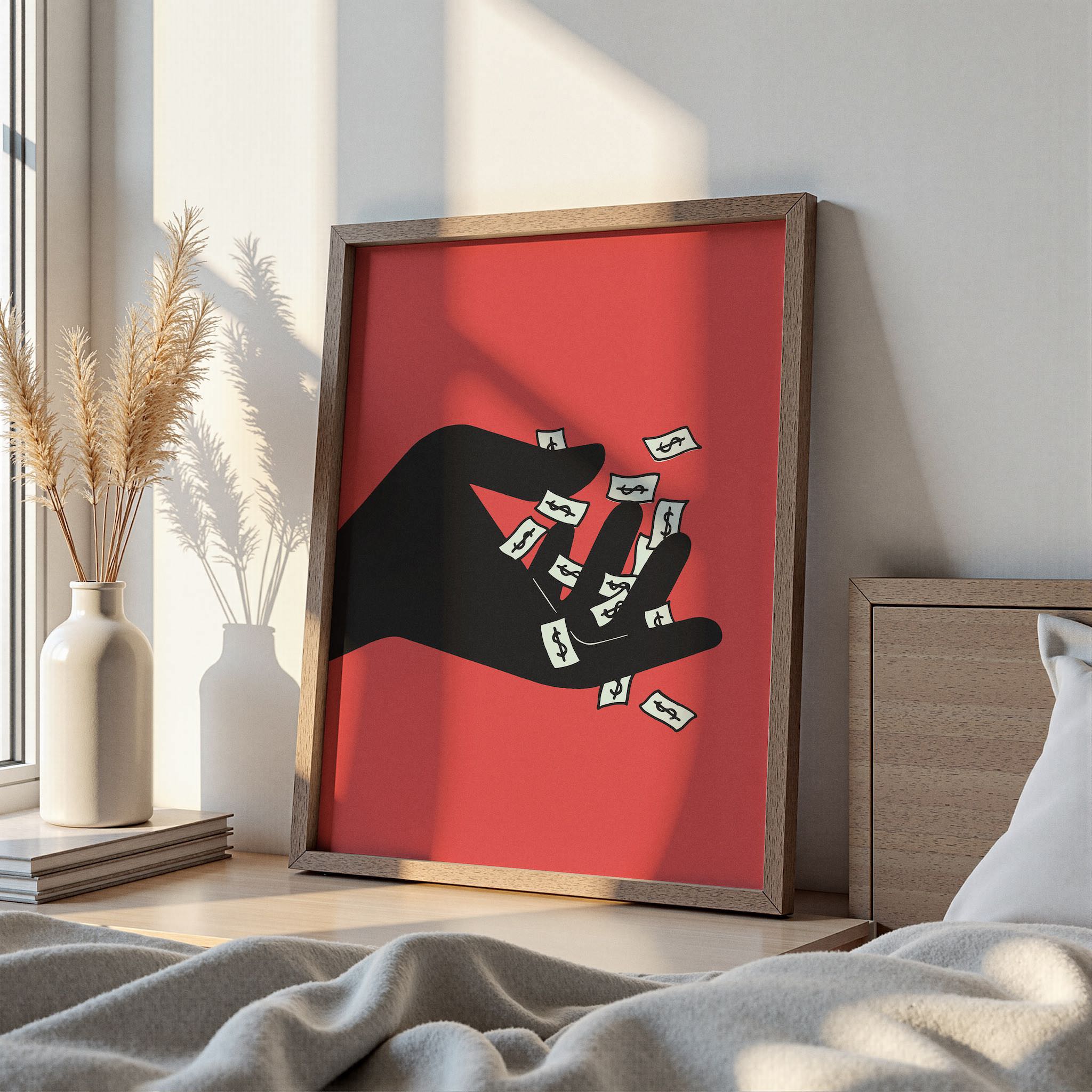 Minimalist ve çağdaş bir tasarıma sahip, finansal temalar içeren kırmızı ve siyah renkli dekoratif poster