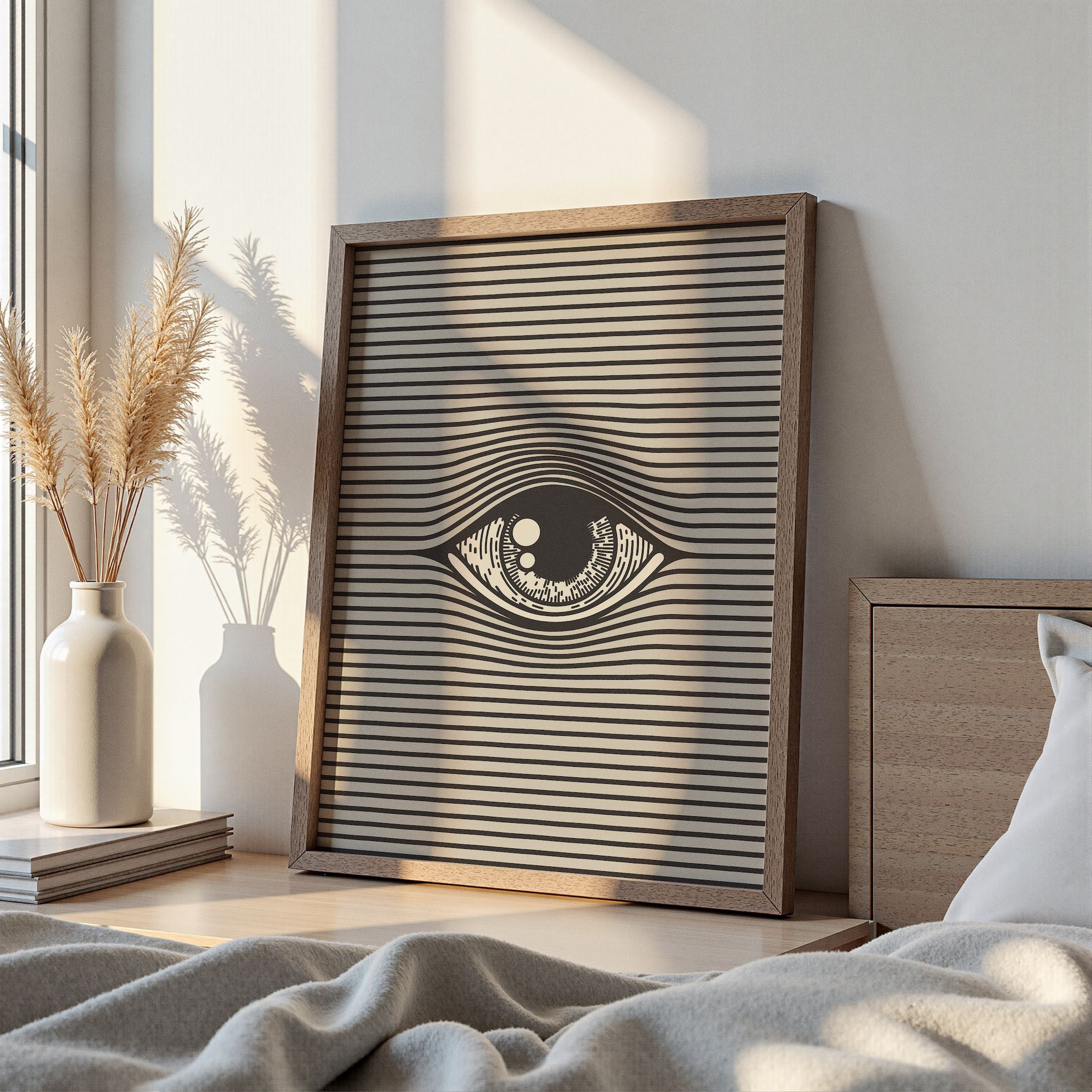 Siyah-beyaz kontrastıyla dikkat çeken soyut göz illüstrasyonu, modern ve minimalist bir dekoratif poster olarak sunuluyor