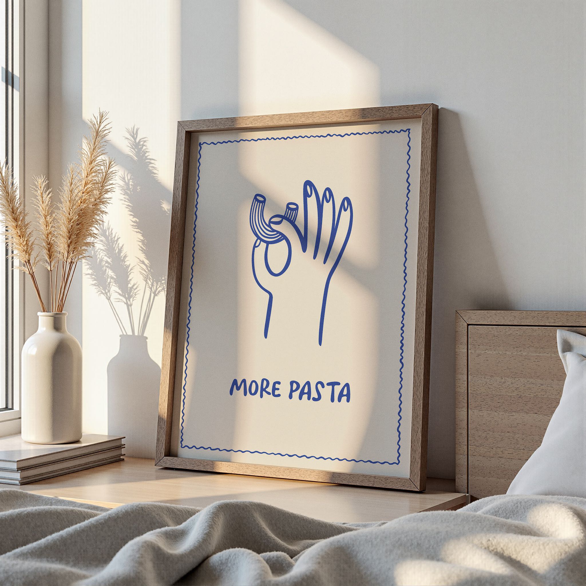 Tek renkli çizgisel sanat tarzında tasarlanmış makarna severler için eğlenceli duvar dekoru