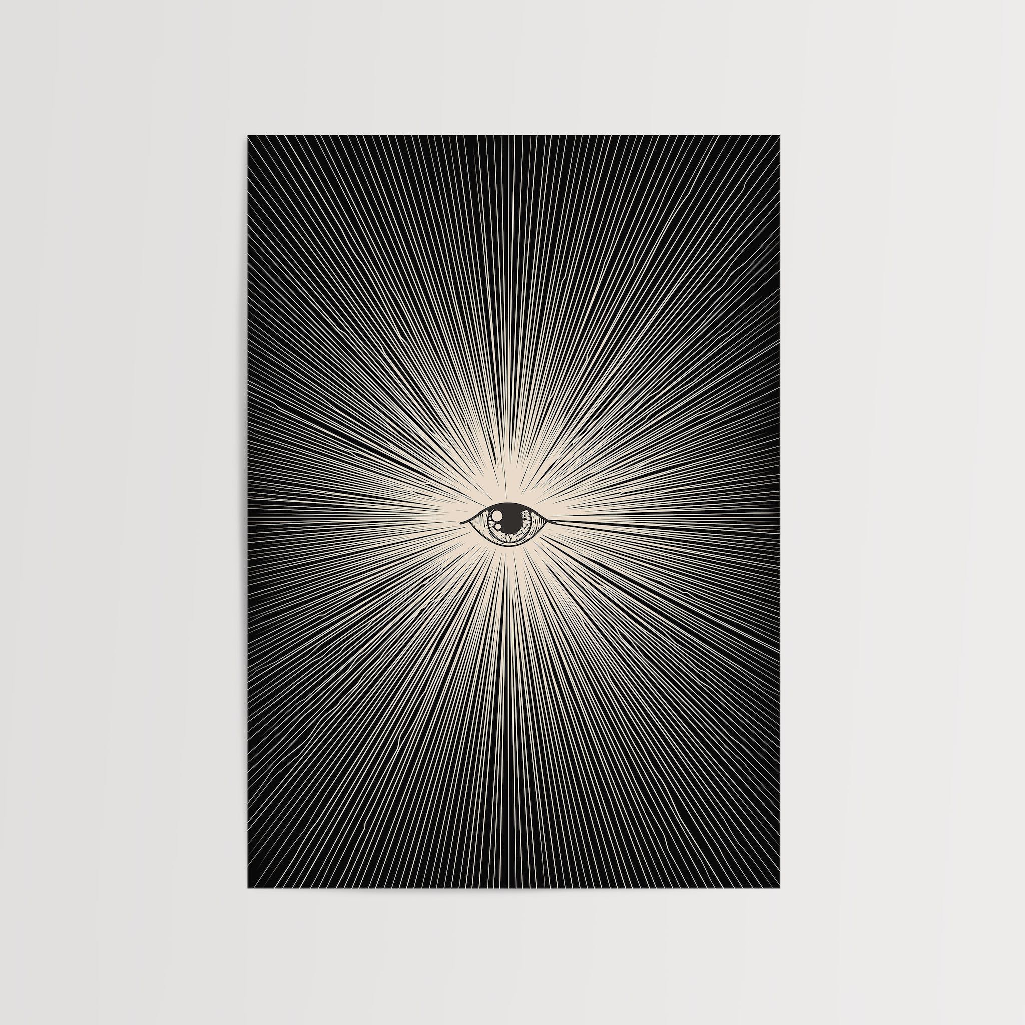Siyah arka plan üzerinde ışınsal çizgilerle çevrelenmiş mistik göz illüstrasyonu içeren modern sanat posteri
