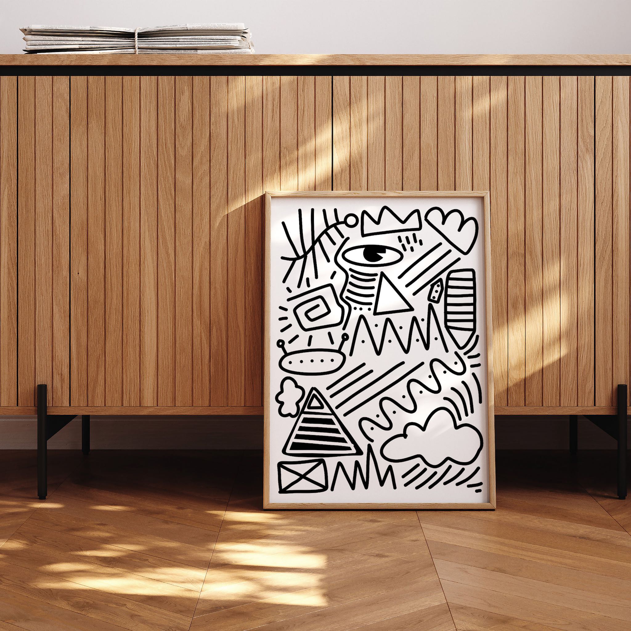 Geometrik şekiller, göz ve soyut desenlerden oluşan modern siyah-beyaz illüstrasyon posteri