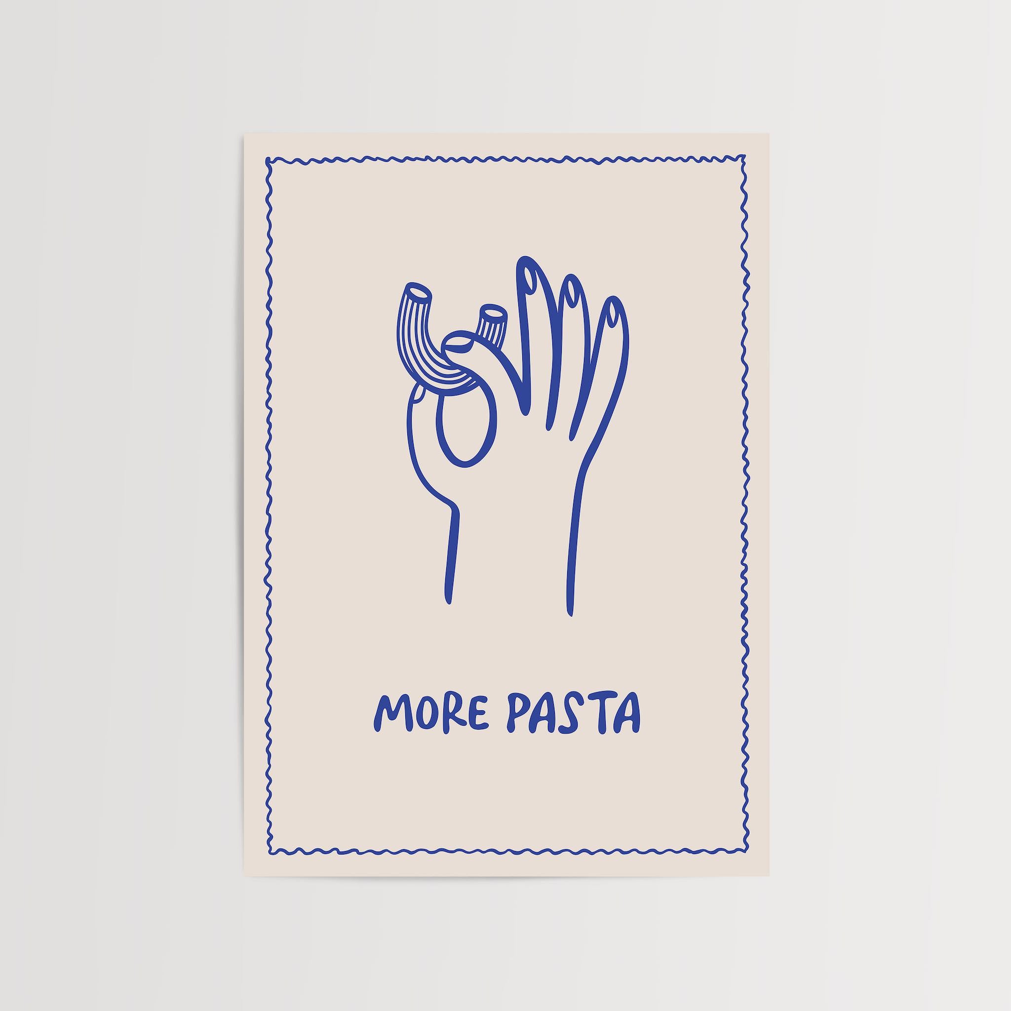 More Pasta yazılı, el hareketiyle işaret edilen makarna illüstrasyonu içeren minimalist mutfak posteri