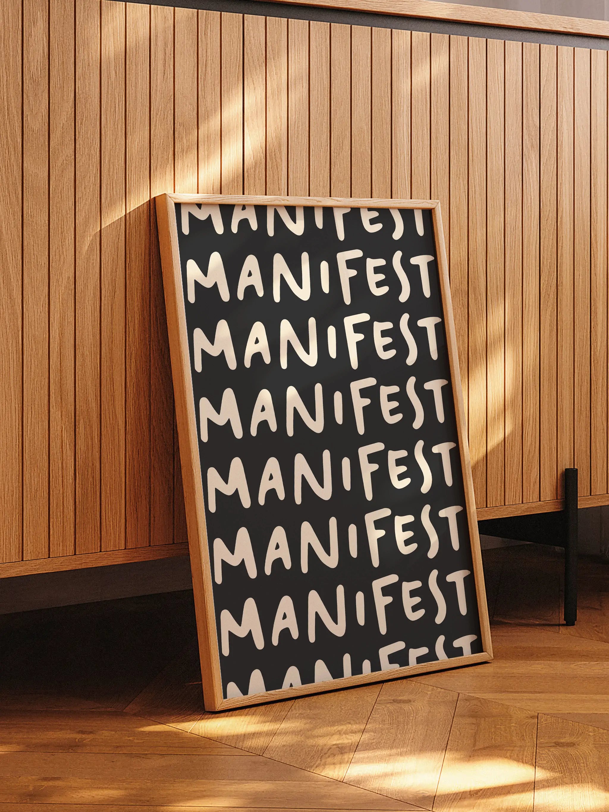 El yazısı tarzında "Manifest" kelimesiyle cesur ve modern motive edici poster.