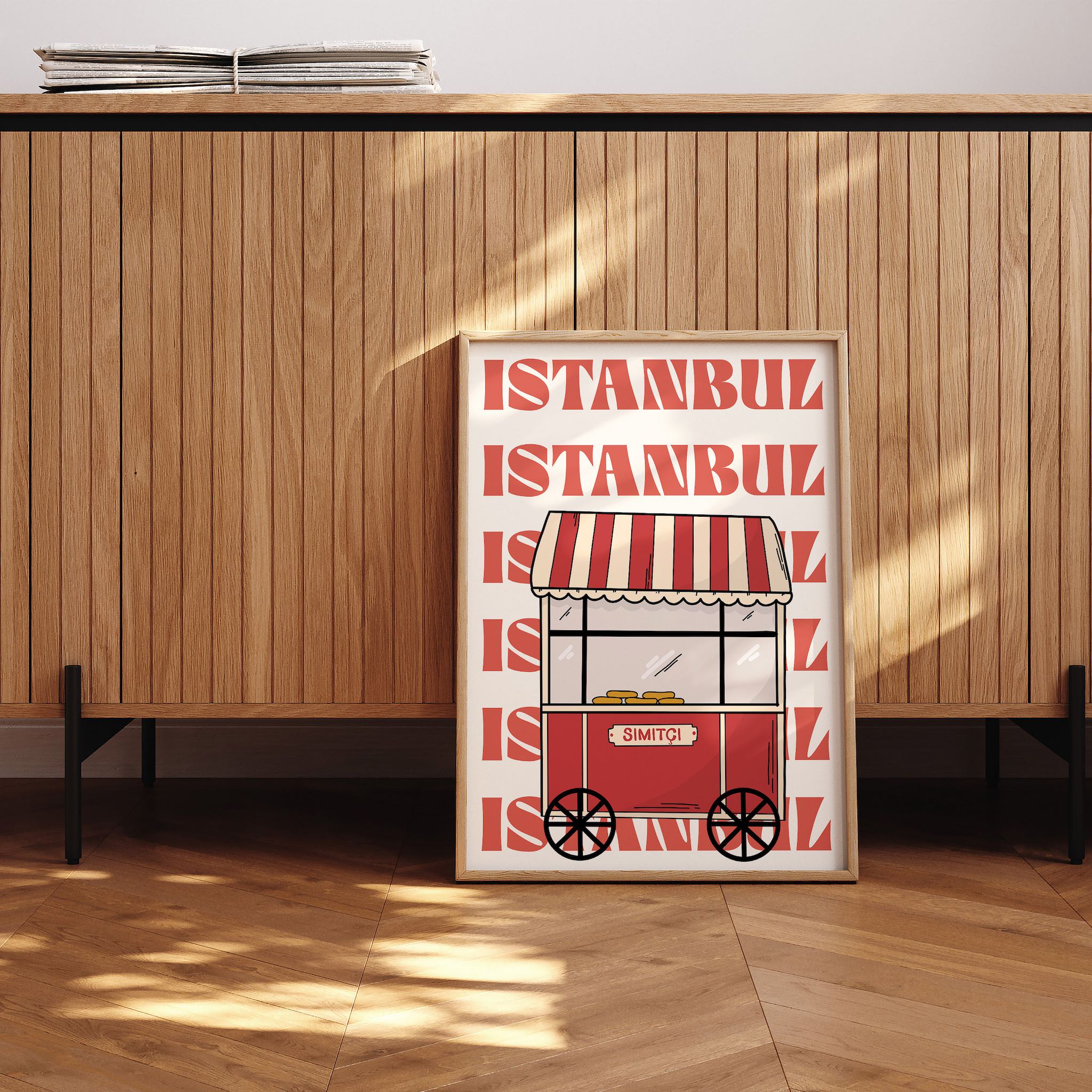Sokak kültürünün bir parçası olan kırmızı nostaljik simitçi arabasının şık illüstrasyonu, modern dekor için harika bir seçenek