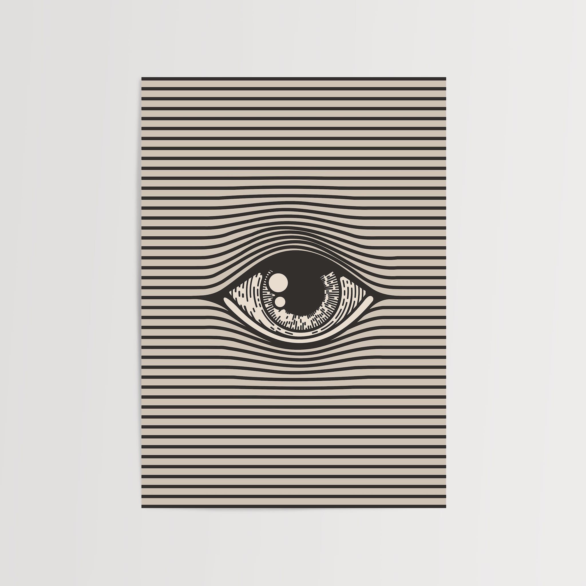 Optik sanat tarzında yatay çizgilerle çevrelenmiş göz illüstrasyonu, minimalist çerçeve içinde bir yatak odasında sergileniyor