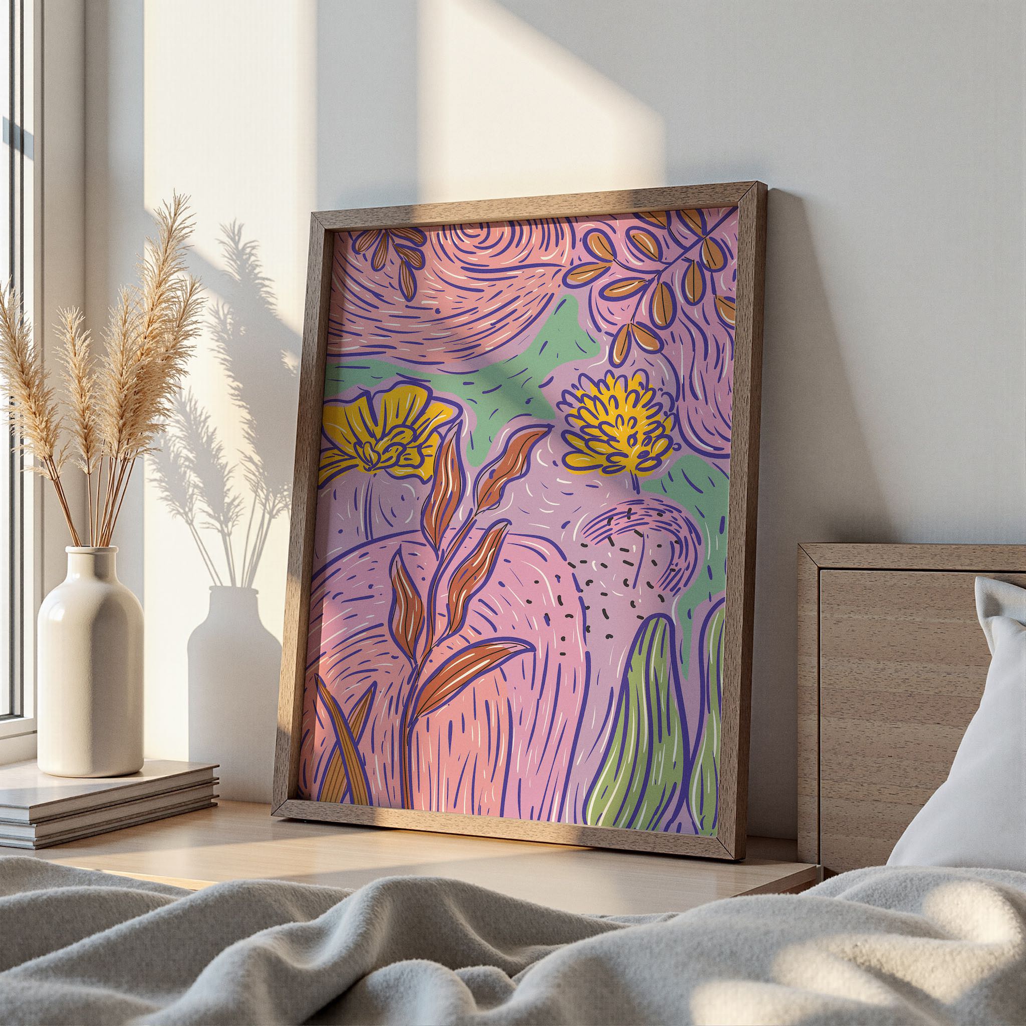 Pembe, mor ve yeşil tonlarında renkli bitki desenleriyle süslenmiş sanatsal bir dekoratif poster