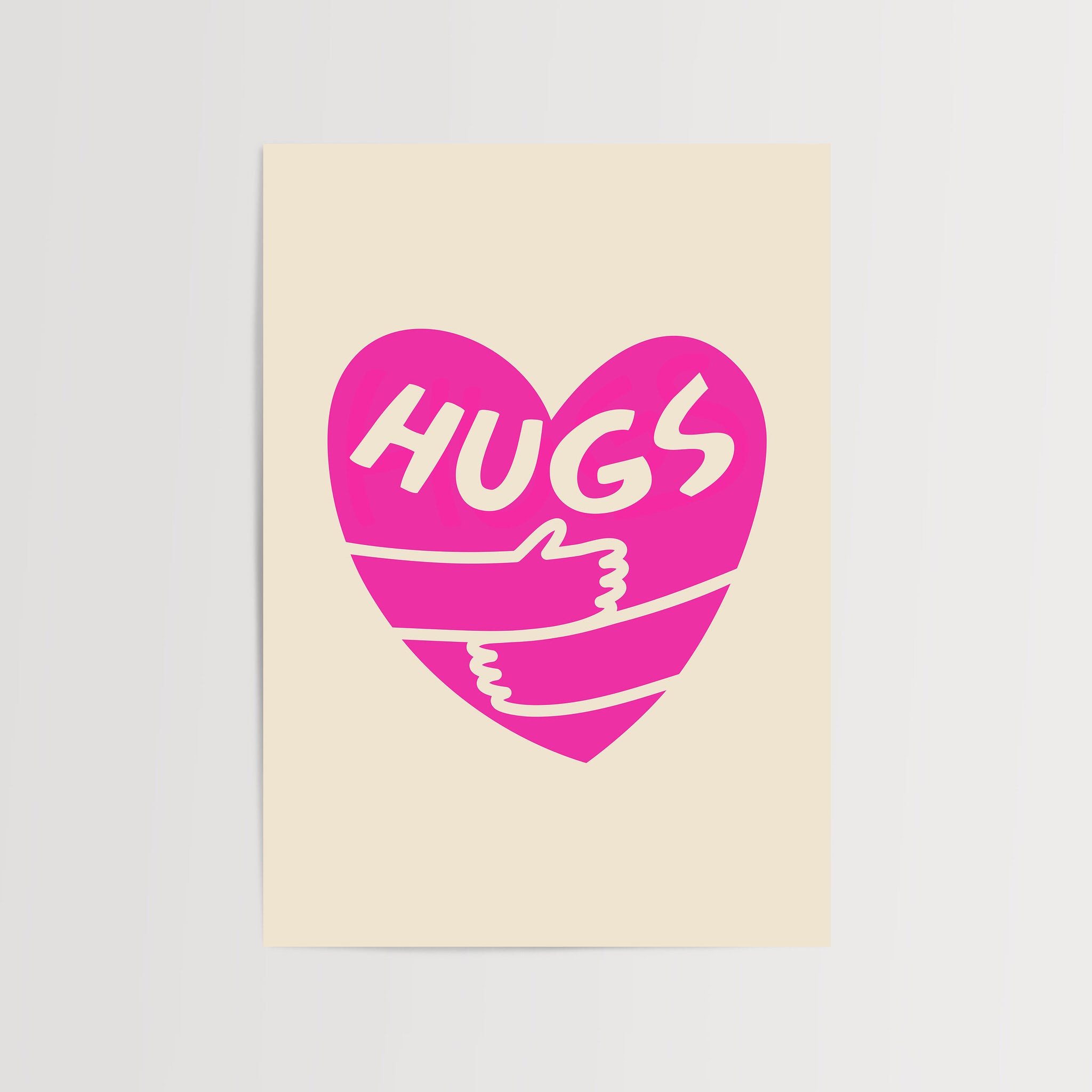 Pembe kalp içinde "Hugs" yazılı modern poster
