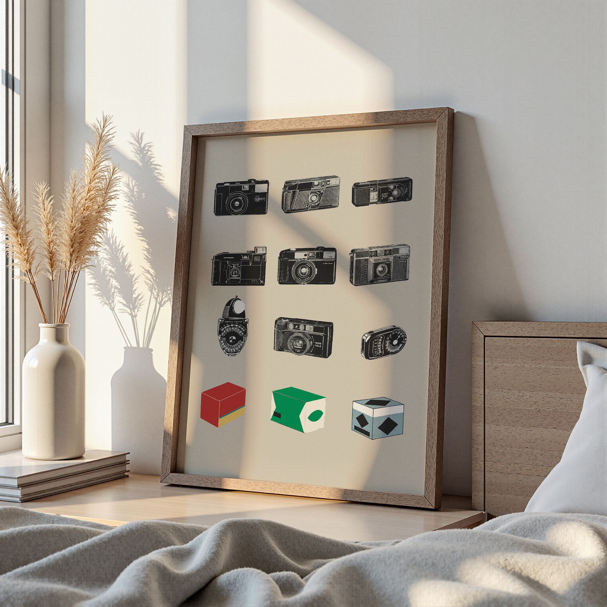 Retro ve analog kamera koleksiyonlarını temsil eden siyah-beyaz çizimlerden oluşan dekoratif sanat posteri