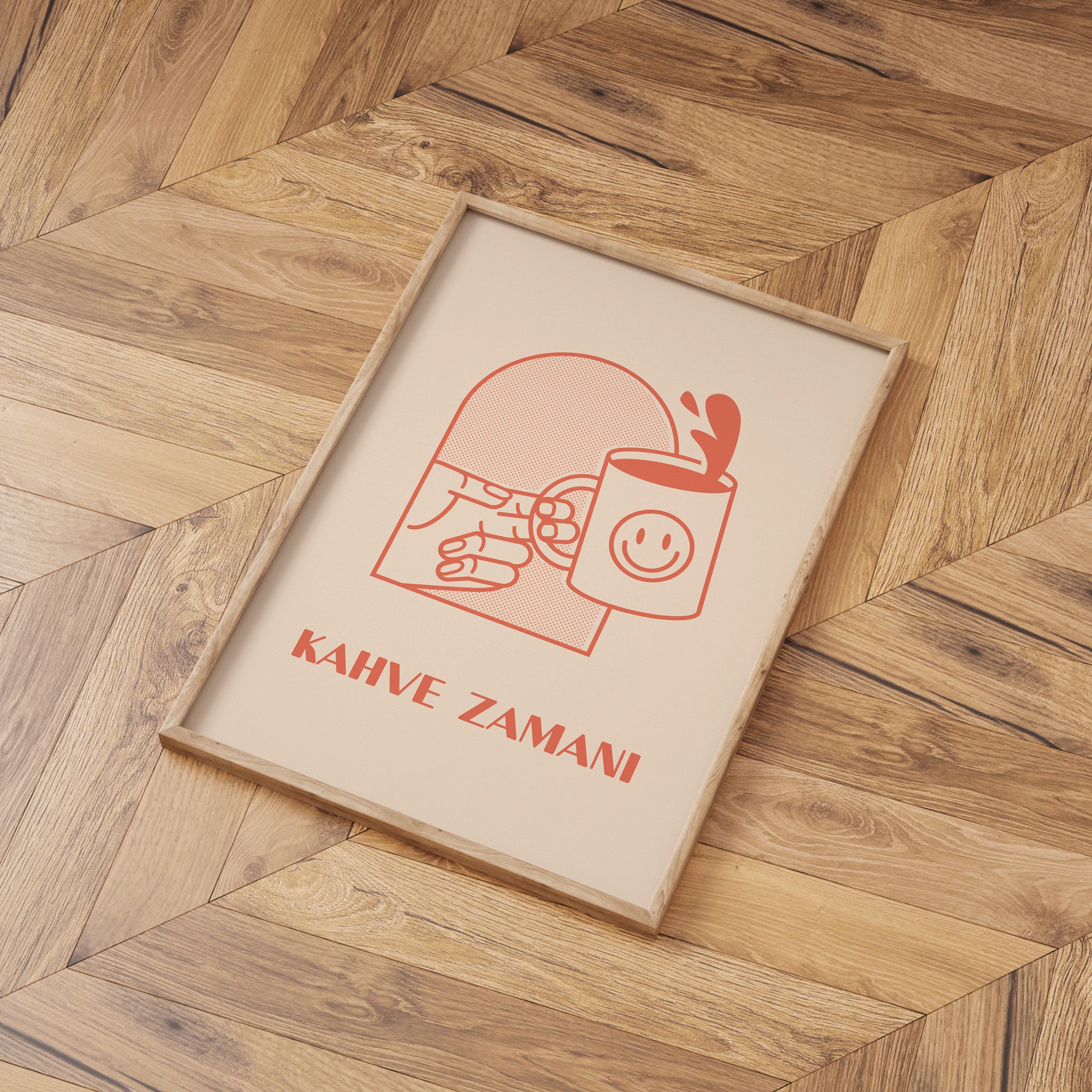 Retro tarzda gülen kahve fincanı görseliyle duvar dekoru"