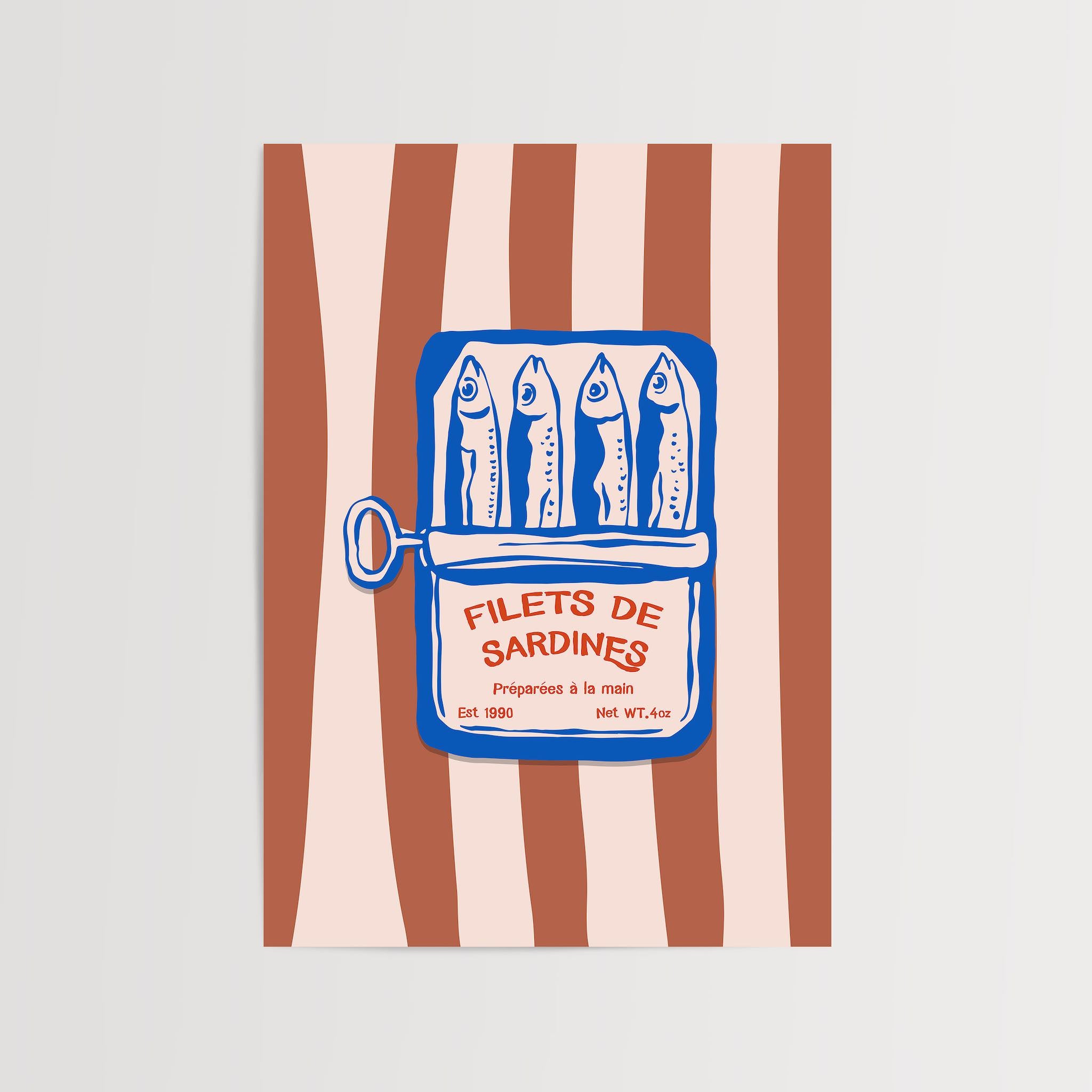 Retro tarzda tasarlanmış sardalya konservesi illüstrasyonu, arka planda kahverengi ve bej çizgili bir tasarım ile sunuluyor
