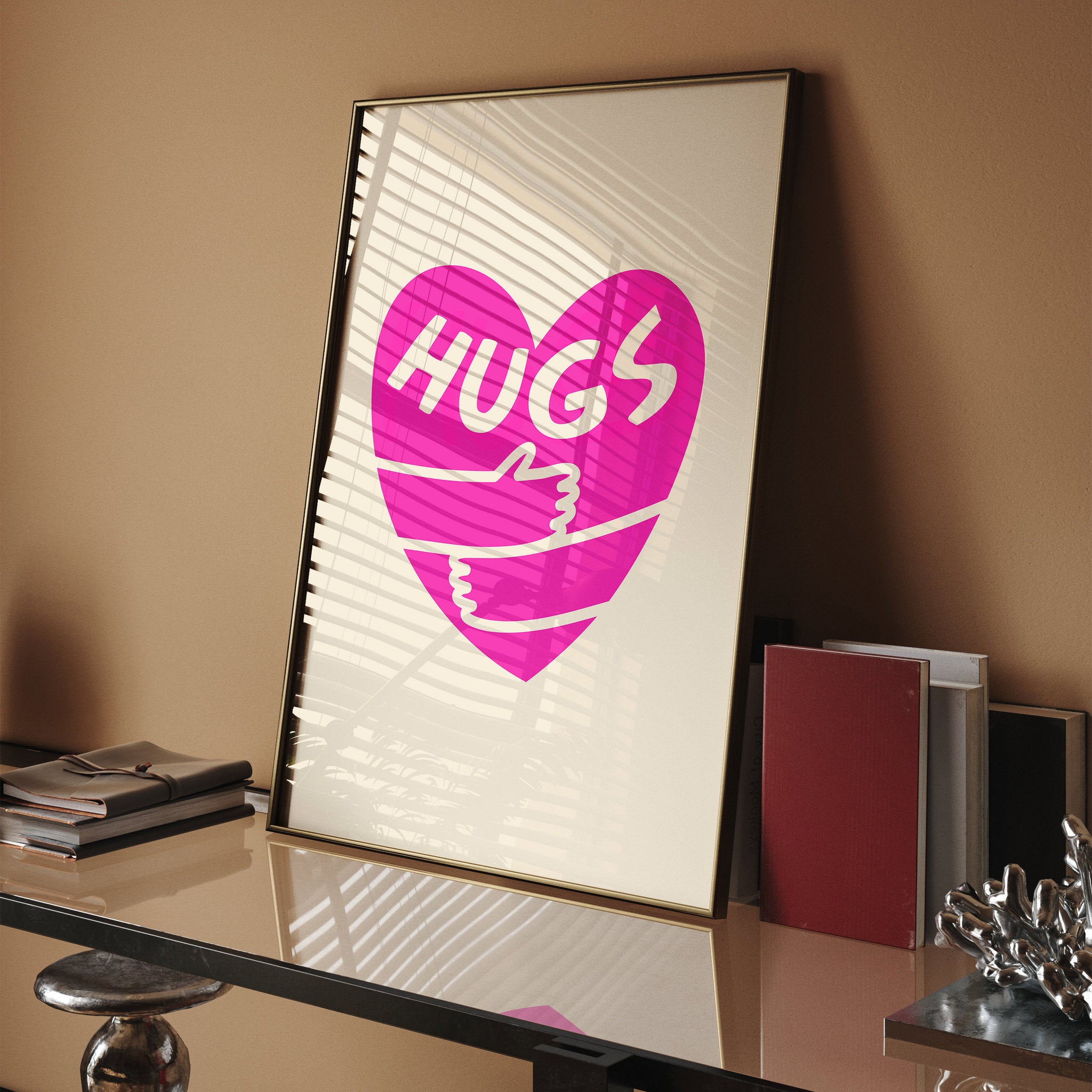 Sevgi dolu pembe "Hugs" duvar sanatı posteri
