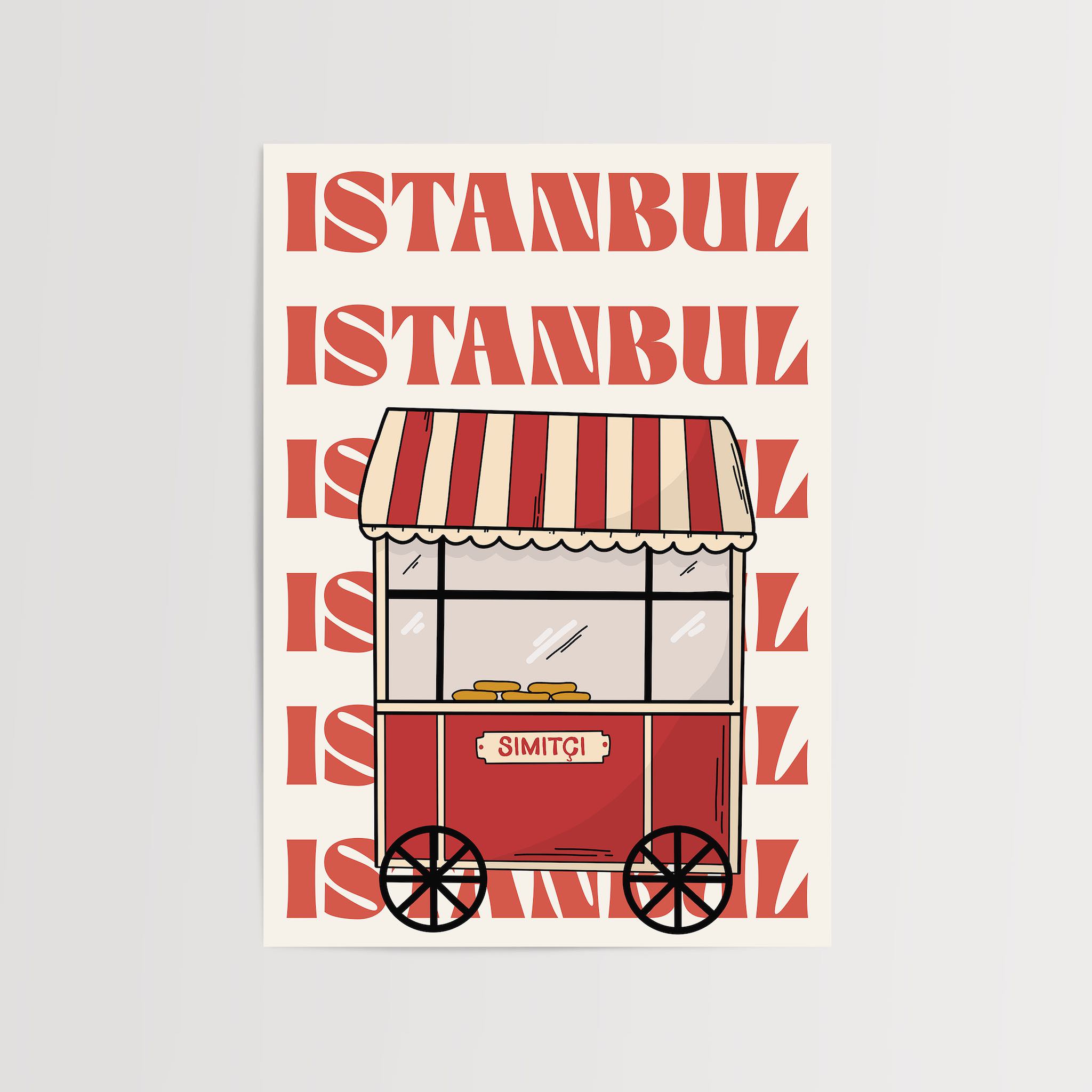 Kırmızı beyaz nostaljik simit arabası illüstrasyonu, arka planda ‘İstanbul’ yazısı bulunan dekoratif poster tasarımı