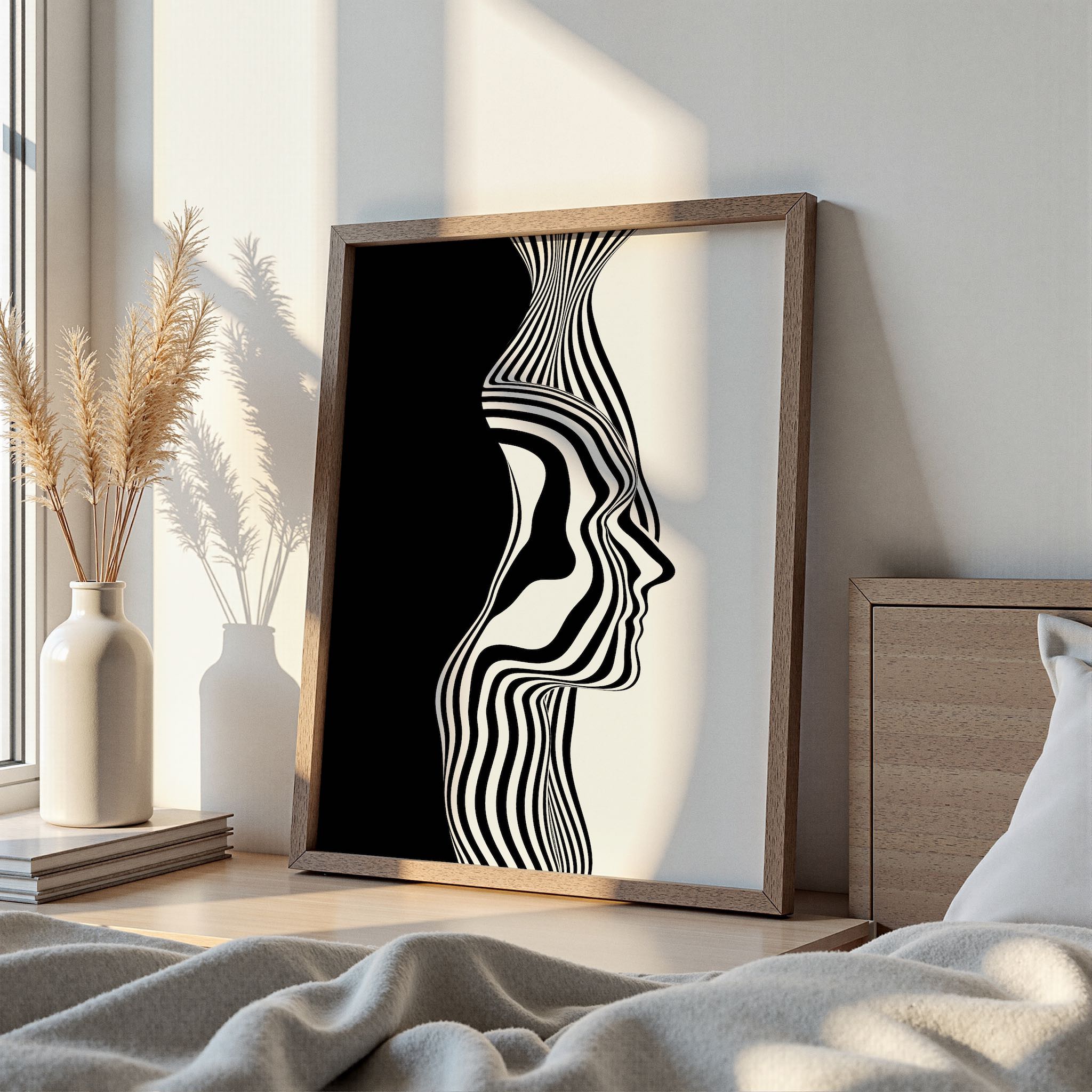 Optik sanat tarzında hazırlanmış, siyah-beyaz kontrastıyla dikkat çeken soyut yüz profili illüstrasyonu.