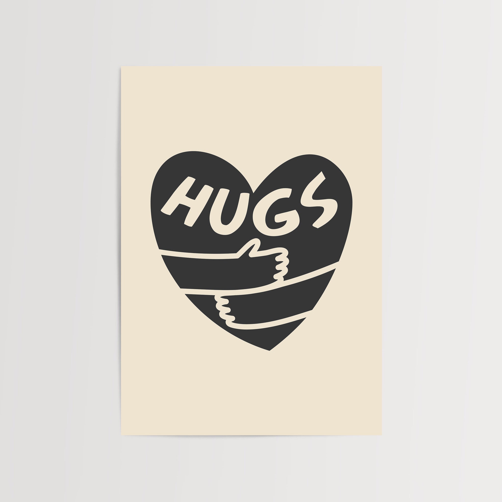 Siyah kalp içinde "Hugs" yazılı minimalist poster