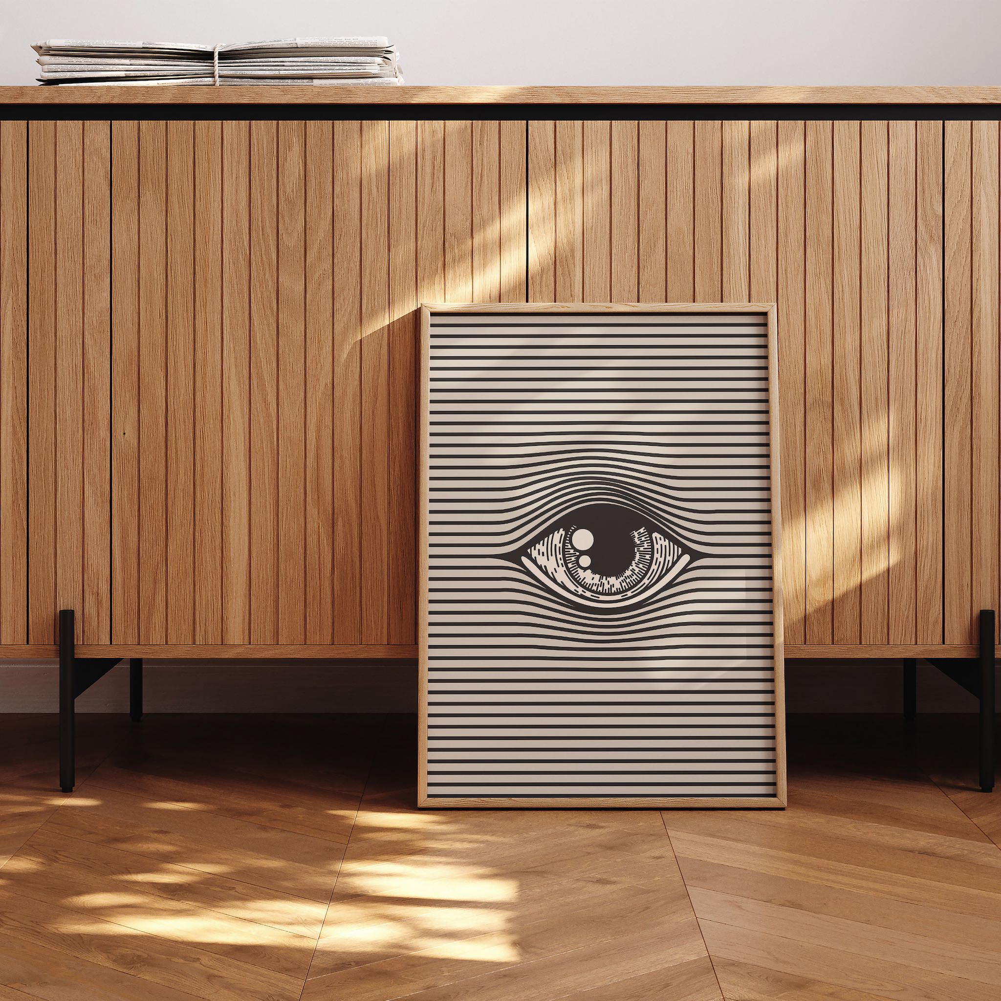 Derinlik ve optik illüzyon etkisi veren yatay çizgilerle tasarlanmış göz illüstrasyonu, şık bir iç mekanda çerçeveli olarak sergilenmiş