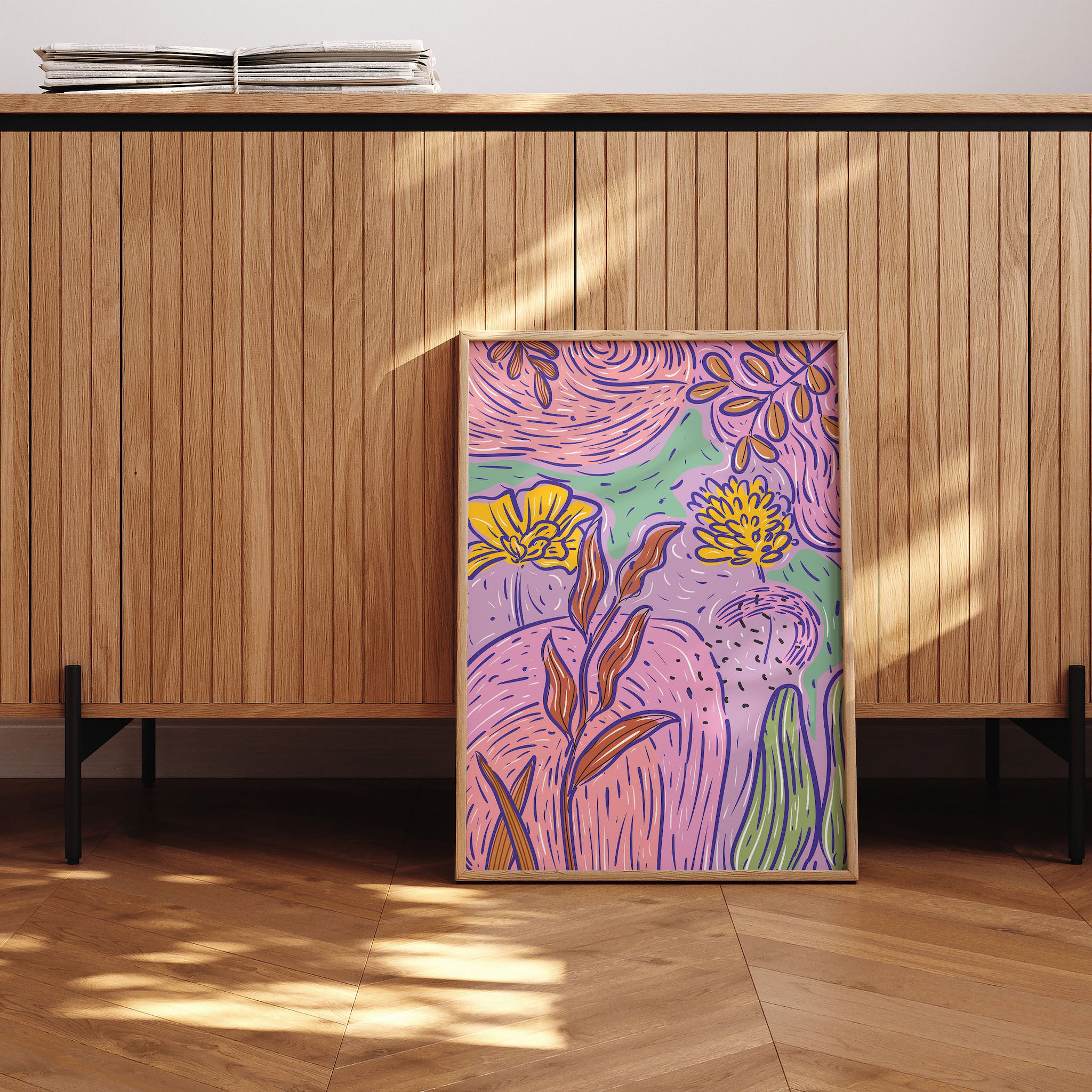 Modern ve soyut tarzda çizilmiş çiçek motifleri içeren, sıcak ve estetik bir duvar posteri