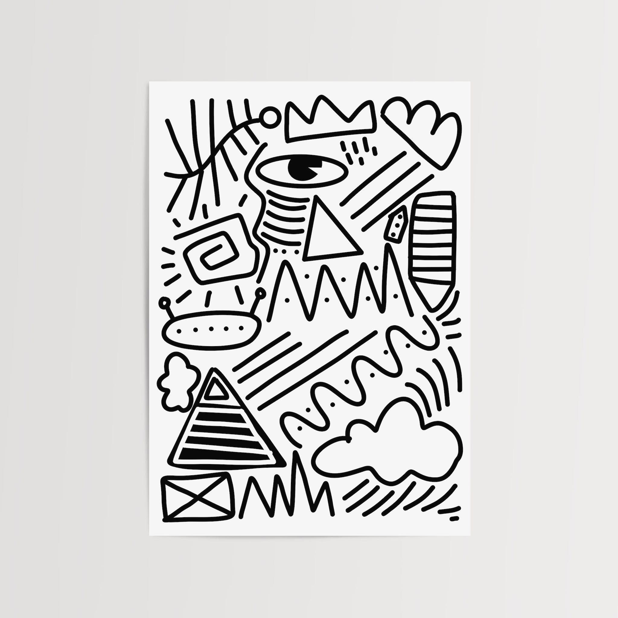 Siyah çizgilerle oluşturulmuş soyut doodle illüstrasyonu, göz, taç, üçgen ve çeşitli geometrik şekiller içeren modern sanat posteri.