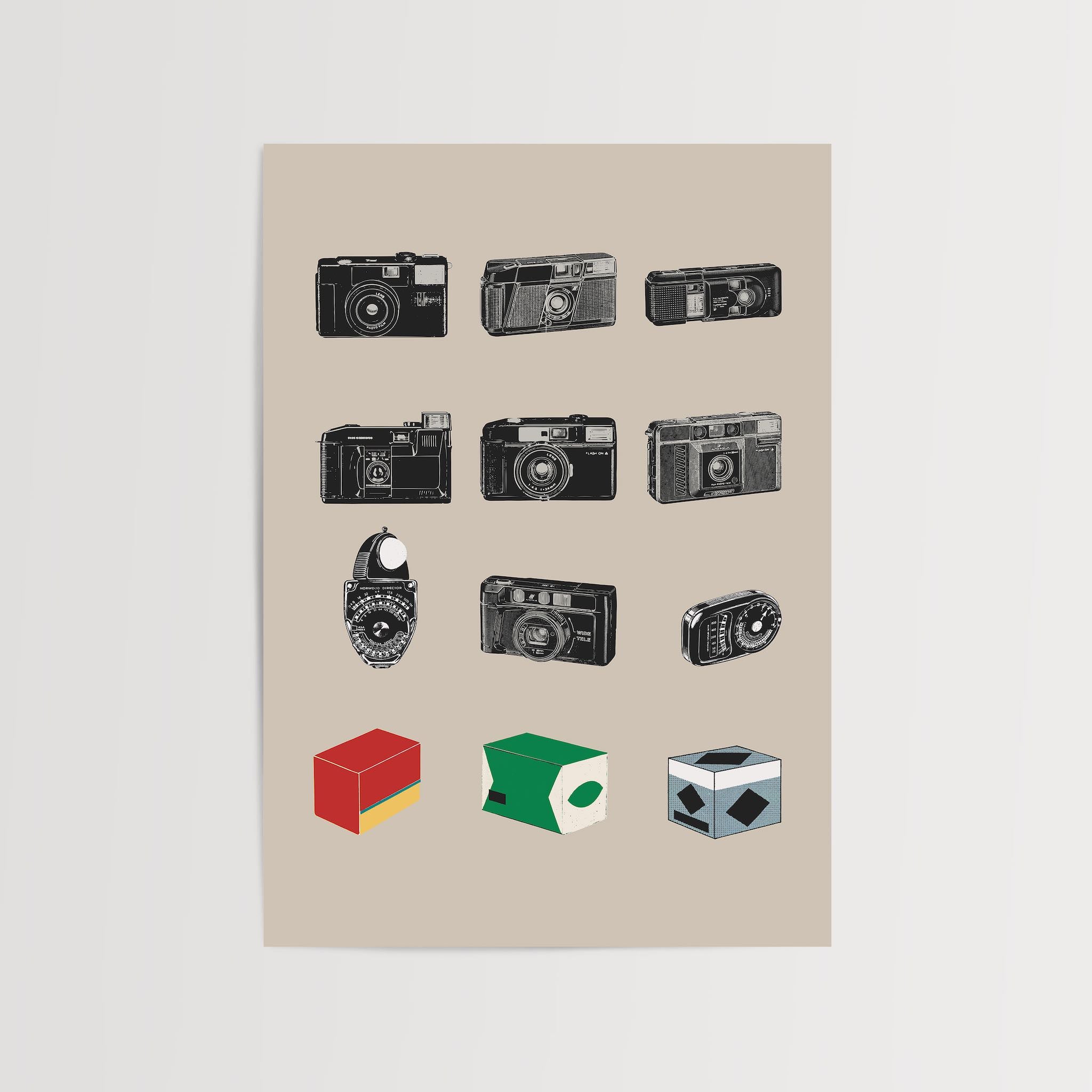 Farklı vintage fotoğraf makinelerinin illüstrasyonları ve alt kısımda geometrik şekillerin yer aldığı minimalist tasarımlı poster